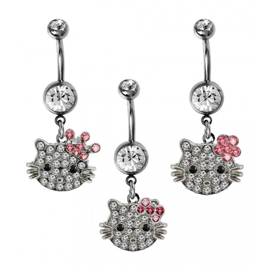 Hello Kitty Belly Ring, Belly Bars, Belly Button Piercing - Dangle Navel Ring with Hello Kitty Studded with CZ Crystal Stones - Surgical Steel 316L - 14g (1.6mm) and Length is 12mm