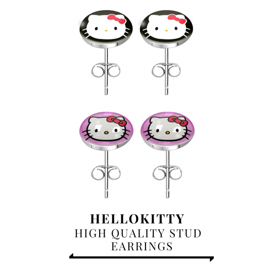 Round Stud Earrings - Hello Kitty Design  - 1 Pair with butterfly backs - Stainless Steel Stud Earrings - Logo, Symbol Earrings