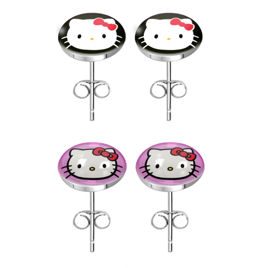 Round Stud Earrings - Hello Kitty Design  - 1 Pair with butterfly backs - Stainless Steel Stud Earrings - Logo, Symbol Earrings