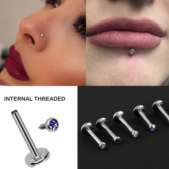 Labret Lip Piercing with CZ Crystals Internally Threaded Push Ball - Various Sizes and Colours - Quality tested by Sheffield Assay Office England