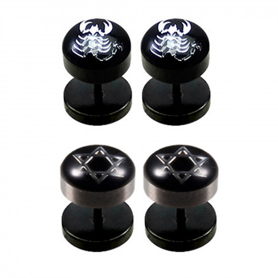 Black Fake Plugs Earrings - Pair Of (2 Pieces) Surgical Steel 316L- Various Designs- Size 6MM - Quality Tested by Sheffield Assay Office in England.