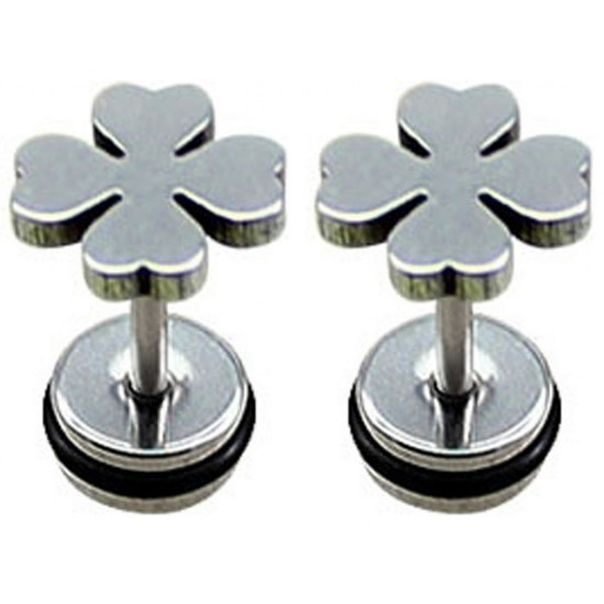 Lucky Clover Leaf Fake Plugs with black rubber O ring - Pair of 2 pieces Fake Plugs Earrings - Surgical Steel 316L - Quality Tested by Sheffield Assay Office in England.