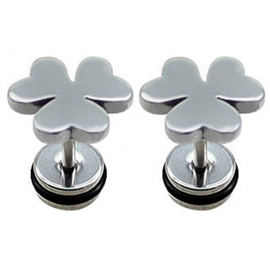 Lucky Clover Leaf Fake Plugs with black rubber O ring - Pair of 2 pieces Fake Plugs Earrings - Surgical Steel 316L - Quality Tested by Sheffield Assay Office in England.