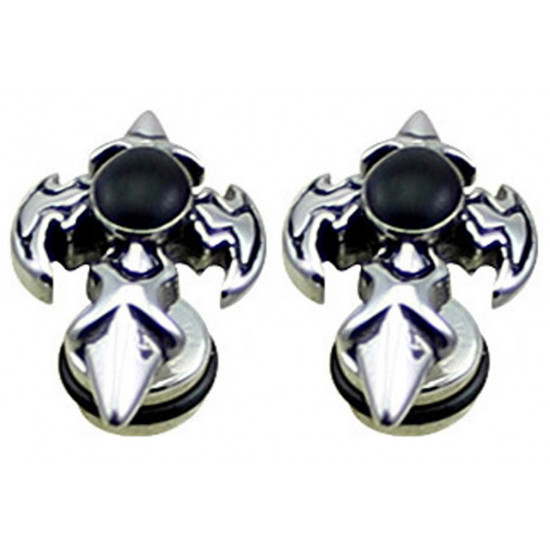 Cross Fake Plugs with black rubber O ring - Pair of 2 pieces Fake Plugs Earrings - Various Designs - Surgical Steel 316L - Quality Tested by Sheffield Assay Office in England.
