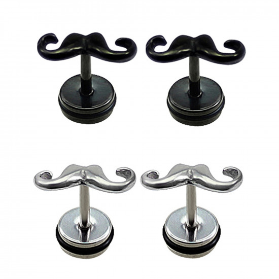 Plugs Fake Mustache with black rubber O ring - Pair of 2 pieces Fake Plugs Earrings - Surgical Steel 316L  - Quality Tested by Sheffield Assay Office in England.