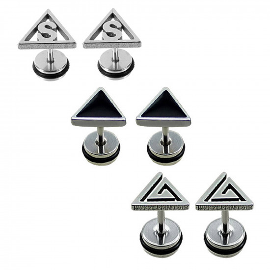 Plugs Fake Triangle Shape Earrings with black rubber O ring - Pair of 2 pieces Fake Plugs Earrings - Various Designs - Quality Tested by Sheffield Assay Office in England.