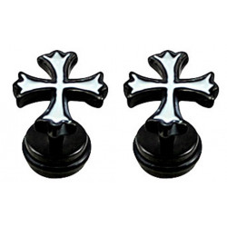 Black Fake Plugs Earrings - Bottoni Cross Earrings  with black rubber O ring - Pair of 2 pieces Fake Plugs Earrings - Surgical Steel 316L  - Quality Tested by Sheffield Assay Office in England.