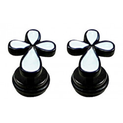 Black Fake Plugs Earrings - Cross  with black rubber O ring - Pair of 2 pieces Fake Plugs Earrings - Surgical Steel 316L  - Quality Tested by Sheffield Assay Office in England.