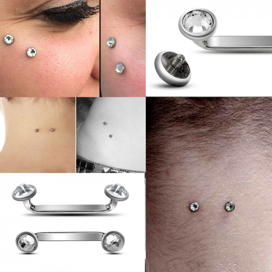 Surface Barbell Piercing Painful Pleasures with Internally Threaded Dermal Stone Crystals - Surgical Steel Dermal Skin Piercing  - 14g (1.6mm) length 16mm to 20mm - Quality tested by Sheffield Assay Office England