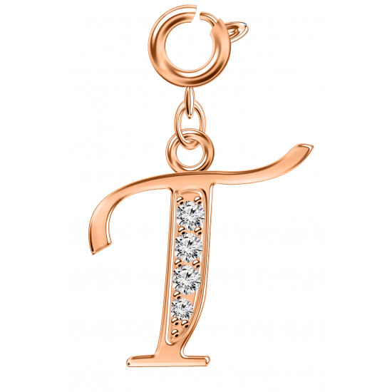 Silver Initials Charm with CZ  Crystals, Rose Gold Plated - Round Spring Clasp