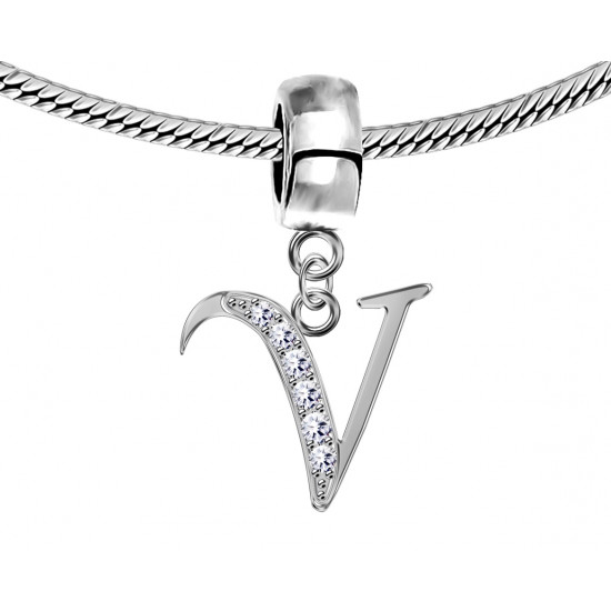 Bracelet compatible Silver Initial Charm with CZ  Crystals - Fits all European Bracelets - Letters A to Z