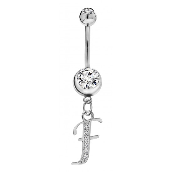 Small 925 Sterling Silver Initial Letter with crystals on Dangle belly bar 