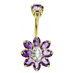 Sterling Silver Flower Design Belly Bars in 18K Gold Plating 1.6mm / 14G with CZ Crystals - Various Colours