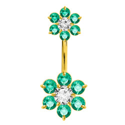 Double Flower Sterling Silver Belly Bars in Gold Plating 1.6mm / 14G with CZ Crystals - Various Colours