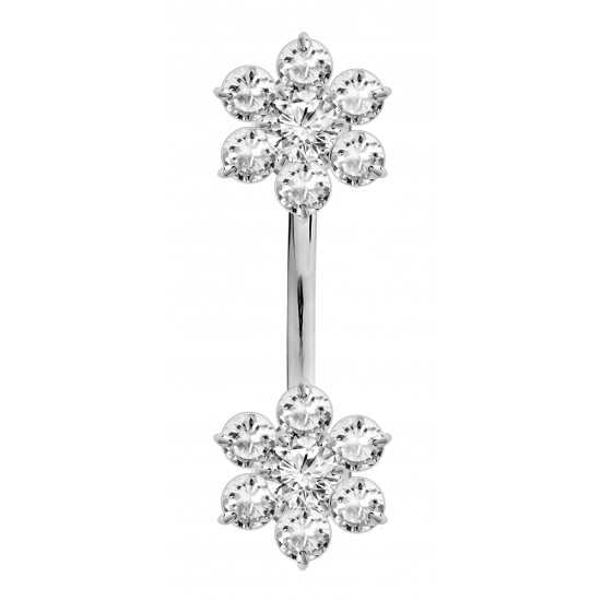 Double Flower Sterling Silver Belly Bars 1.6mm / 14G with CZ Crystals - Various Colours - All our Jewellery is Quality Checked by Sheffield Assay office