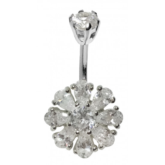 Sterling Silver Botanical Flower CZ Crystal Belly Bars 1.6mm / 14G - Various Colours - All our Jewellery is Quality Checked by Sheffield Assay office