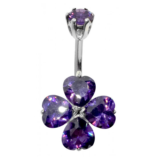 Sterling Silver Lucky Clover Belly Button Piercing Bars with CZ Crystals - Various Colours - All our Jewellery is Quality Checked by Sheffield Assay office