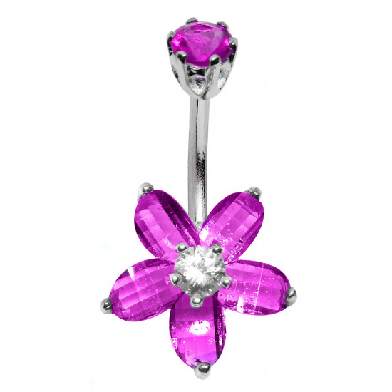 Silver & Stainless Steel Flower Belly Button Piercing Bar with CZ Crystals - Various Colours - All our Jewellery is Quality Checked by Sheffield Assay office
