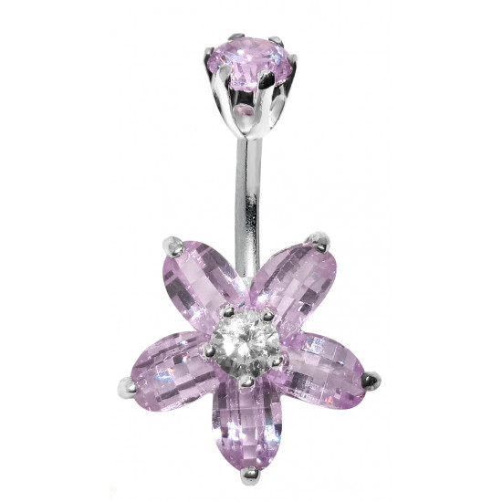 Silver & Stainless Steel Flower Belly Button Piercing Bar with CZ Crystals - Various Colours - All our Jewellery is Quality Checked by Sheffield Assay office