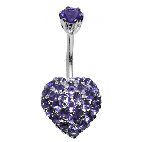 Sterling Silver Heart Design Belly Button Piercing Bar with CZ Crystals - Various Colours - All our Jewellery is Quality Checked by Sheffield Assay office