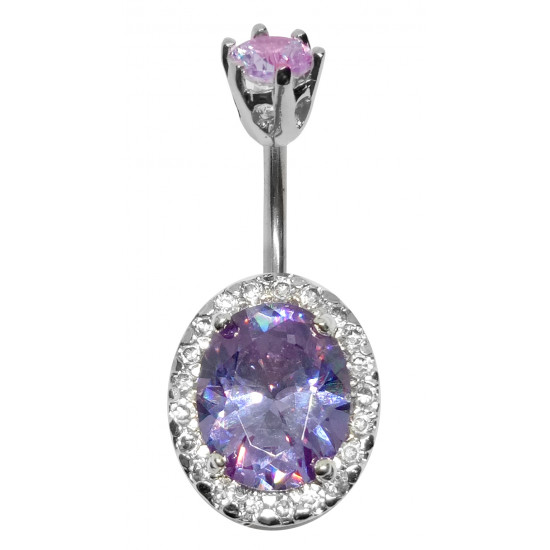 Sterling Silver Oval Belly Button Piercing Bar with CZ Crystals - Various Colours - All our Jewellery is Quality Checked by Sheffield Assay office