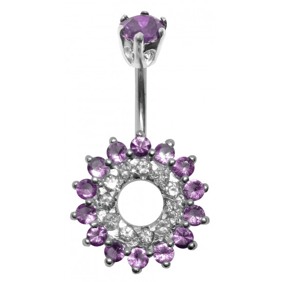 Silver 925 Belly Button Piercing Bar - Flower with Central Hole Surrounded by CZ Crystals - Various Colours - All our Jewellery is Quality Checked by Sheffield Assay office