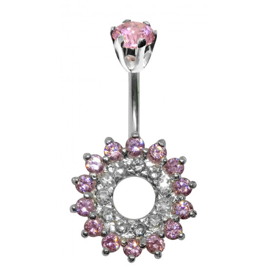 Silver 925 Belly Button Piercing Bar - Flower with Central Hole Surrounded by CZ Crystals - Various Colours - All our Jewellery is Quality Checked by Sheffield Assay office