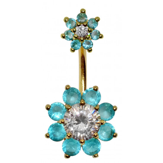Sterling Silver Double Flower Belly Button Piercing Bar 18K Gold Plated with CZ Crystals - Various Colours