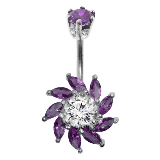Silver 925 Blaze Design Belly Button Piercing Bar with CZ Crystals - Various Colours - All our Jewellery is Quality Checked by Sheffield Assay office