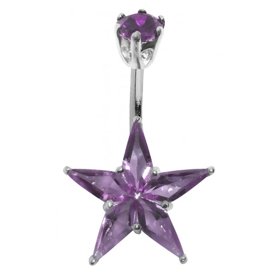 Sterling Silver Star Design Belly Button Piercing Bar with CZ Crystals - Various Colours - All our Jewellery is Quality Checked by Sheffield Assay office