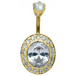 Gold Plated Oval Shape CZ Crystal Belly Bars 1.6mm / 14G - Various Colours