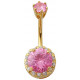 Gold Plated Silver Belly Bars with Large Center Big Bling CZ Crystal and Surrounding with Gems - Various Colours