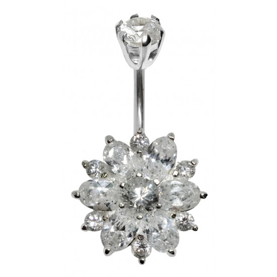 Sterling Silver Autumn Flower CZ Crystal Belly Bars 1.6mm / 14G - Various Colours - All our Jewellery is Quality Checked by Sheffield Assay office