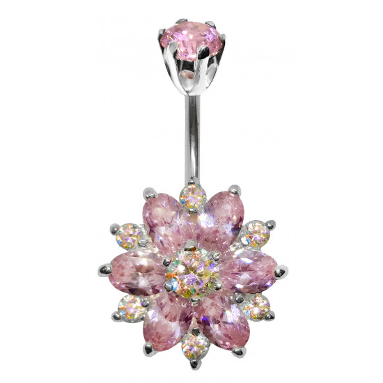 Sterling Silver Autumn Flower CZ Crystal Belly Bars 1.6mm / 14G - Various Colours - All our Jewellery is Quality Checked by Sheffield Assay office