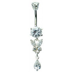 Sterling Silver Drop Dangle Butterfly CZ Crystal Belly Bars 1.6mm / 14G - Various Colours - All our Jewellery is Quality Checked by Sheffield Assay office