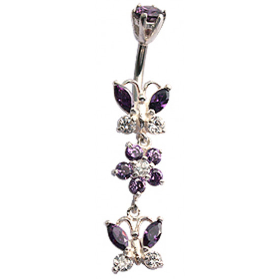 Sterling Silver Double Butterfly with Flower CZ Crystal Belly Bars 1.6mm / 14G - Various Colours - All our Jewellery is Quality Checked by Sheffield Assay office