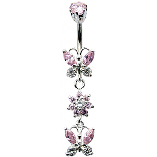 Sterling Silver Double Butterfly with Flower CZ Crystal Belly Bars 1.6mm / 14G - Various Colours - All our Jewellery is Quality Checked by Sheffield Assay office