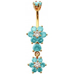 Silver Double Flower Belly Bars with CZ Crystal - Gold Plated Various Colours