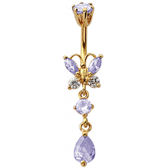 Silver Butterfly Dangle Drop Belly Bars with CZ Crystal - Gold Plated - Various Colours