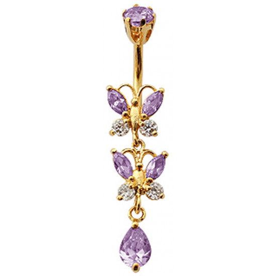 Sterling Silver Double Butterfly Drop CZ Crystal Belly Bars in Gold Plating 1.6mm / 14G - Various Colours