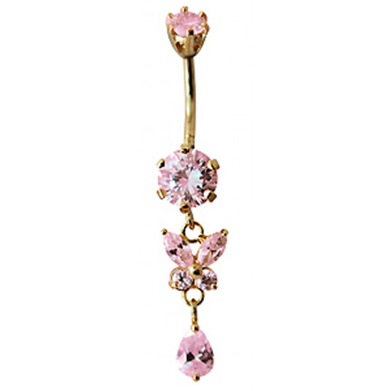 Surgical Steel Belly Bars 1.6mm / 14G with Gold Plated Butterfly Dangle Drop CZ Crystals - Various Colours