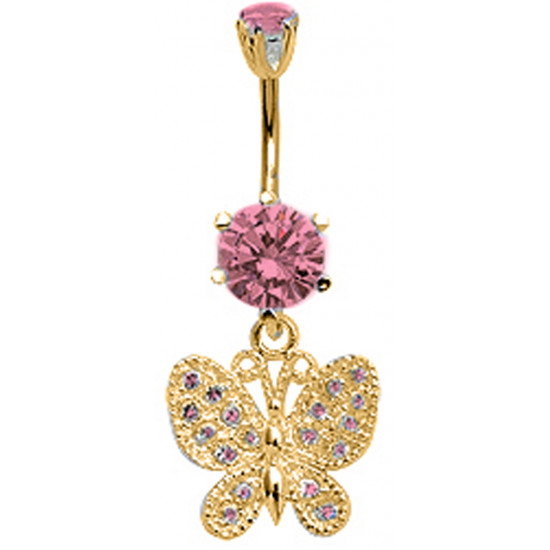 Gold Plated  Butterfly Belly Bar Studded with CZ Crystals - Various Colours