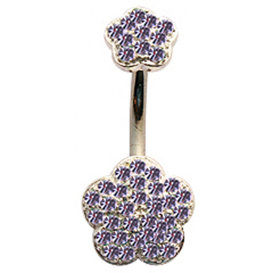 Sterling Silver Double Petunia Flower CZ Crystal Studded Belly Bars 1.6mm / 14G - Various Colours - All our Jewellery is Quality Checked by Sheffield Assay office