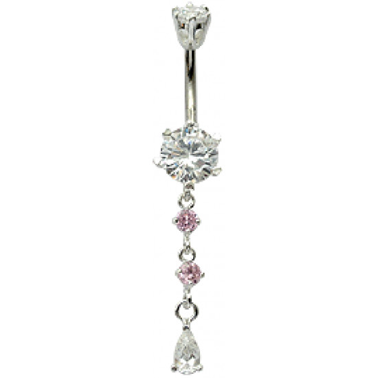 Sterling Silver 3 Drop Dangle CZ Crystal Belly Bars 1.6mm / 14G - Various Colours - All our Jewellery is Quality Checked by Sheffield Assay office