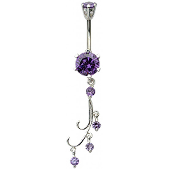 Sterling Silver Vine Drop Belly Bars with CZ Round Crystals - Various Colours - All our Jewellery is Quality Checked by Sheffield Assay office