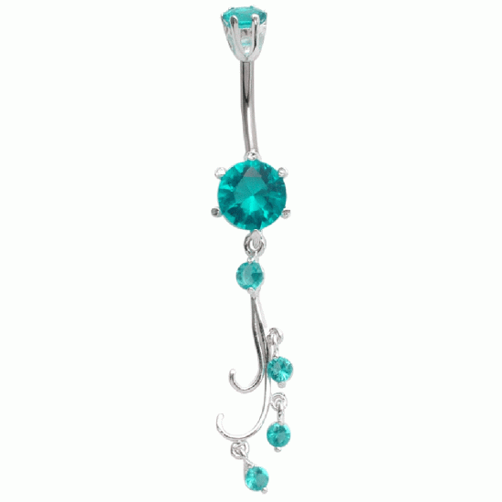 Sterling Silver Vine Drop Belly Bars with CZ Round Crystals - Various Colours - All our Jewellery is Quality Checked by Sheffield Assay office