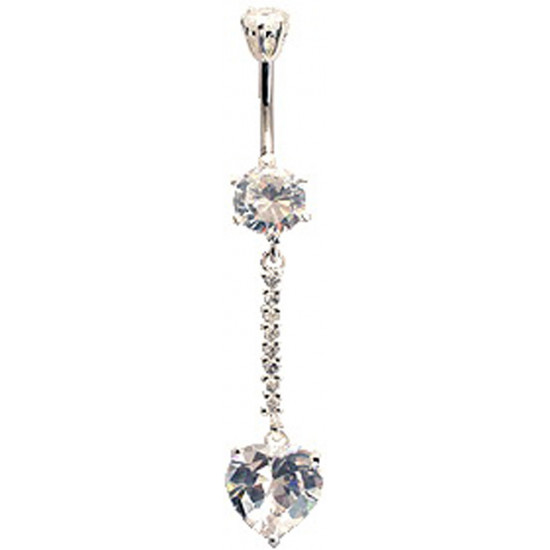 Sterling Silver Dangle Heart Shape Drop CZ Crystal Belly Bars 1.6mm / 14G - Various Colours - All our Jewellery is Quality Checked by Sheffield Assay office