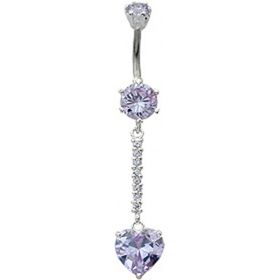 Sterling Silver Dangle Heart Shape Drop CZ Crystal Belly Bars 1.6mm / 14G - Various Colours - All our Jewellery is Quality Checked by Sheffield Assay office