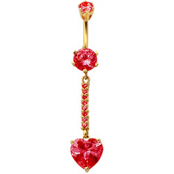 Sterling Silver Dangle Heart Shape Drop CZ Crystal in Gold Plating Belly Bars 1.6mm / 14G - Various Colours