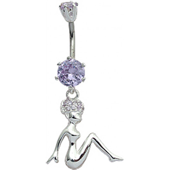 Sterling Silver Woman Sitting Belly Bars with CZ Crystals - Various Colors 
